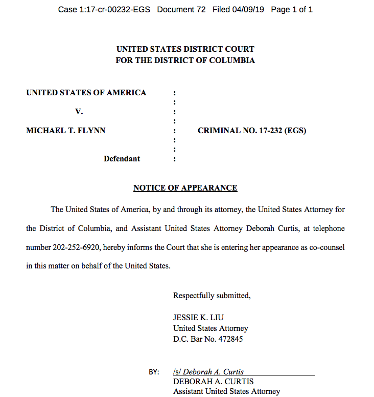 ZoeTillman's tweet image. The special counsel transition continues: A lawyer from the US attorney's office in DC entered an appearance today in Michael Flynn's case (Flynn hasn't been sentenced yet)
