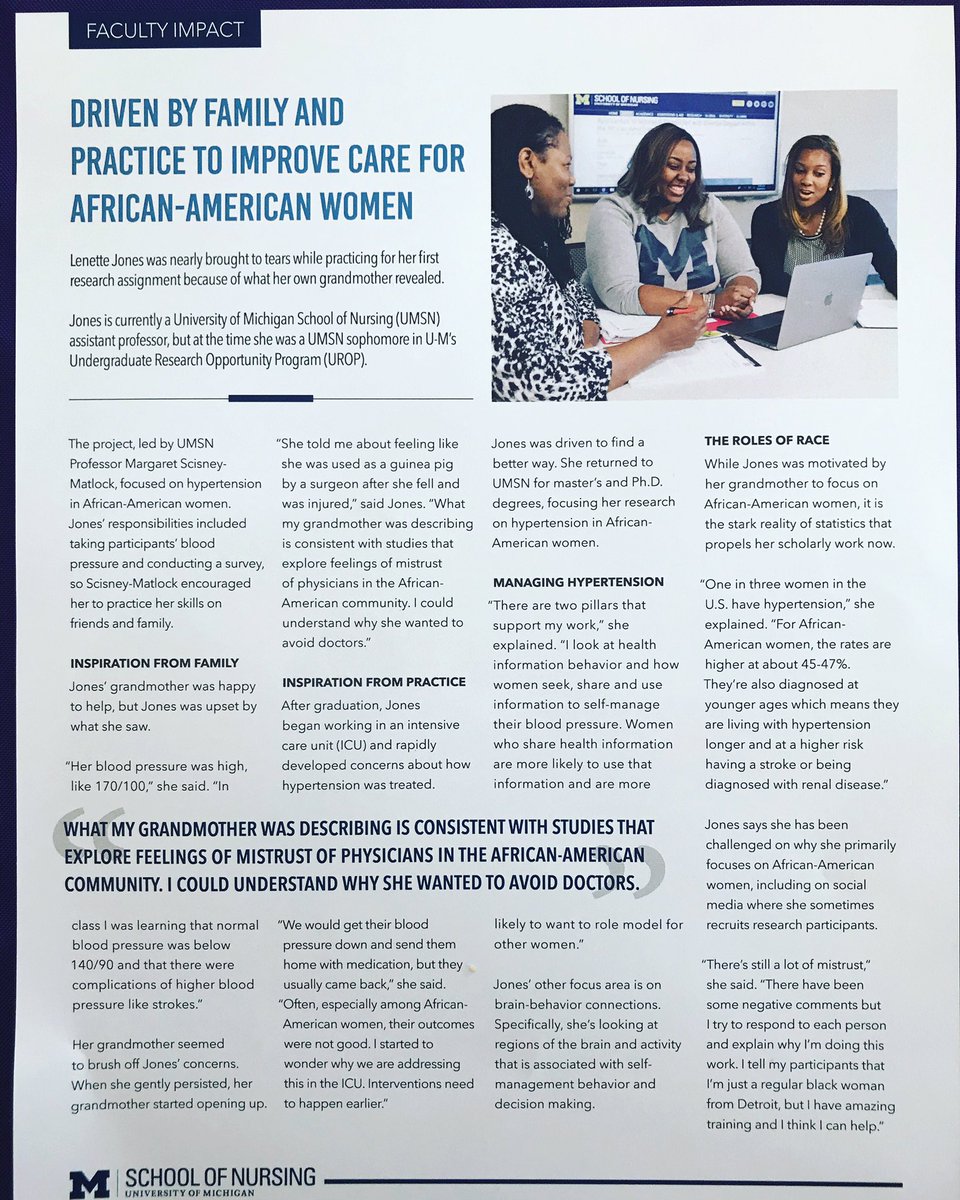 LMjonesPhD_RN's tweet photo. Today my colleagues (@SheriaRobinson @MaRosemberg1 @jadecburns) and I were featured as Black scientists in/alum of the UMSN. Thank you to @Patrici49877671 for this opportunity and thank you to @UMichNursing for this write up on my work. #representationmatters #umsn #researchday https://t.co/UNvsdtr7p7