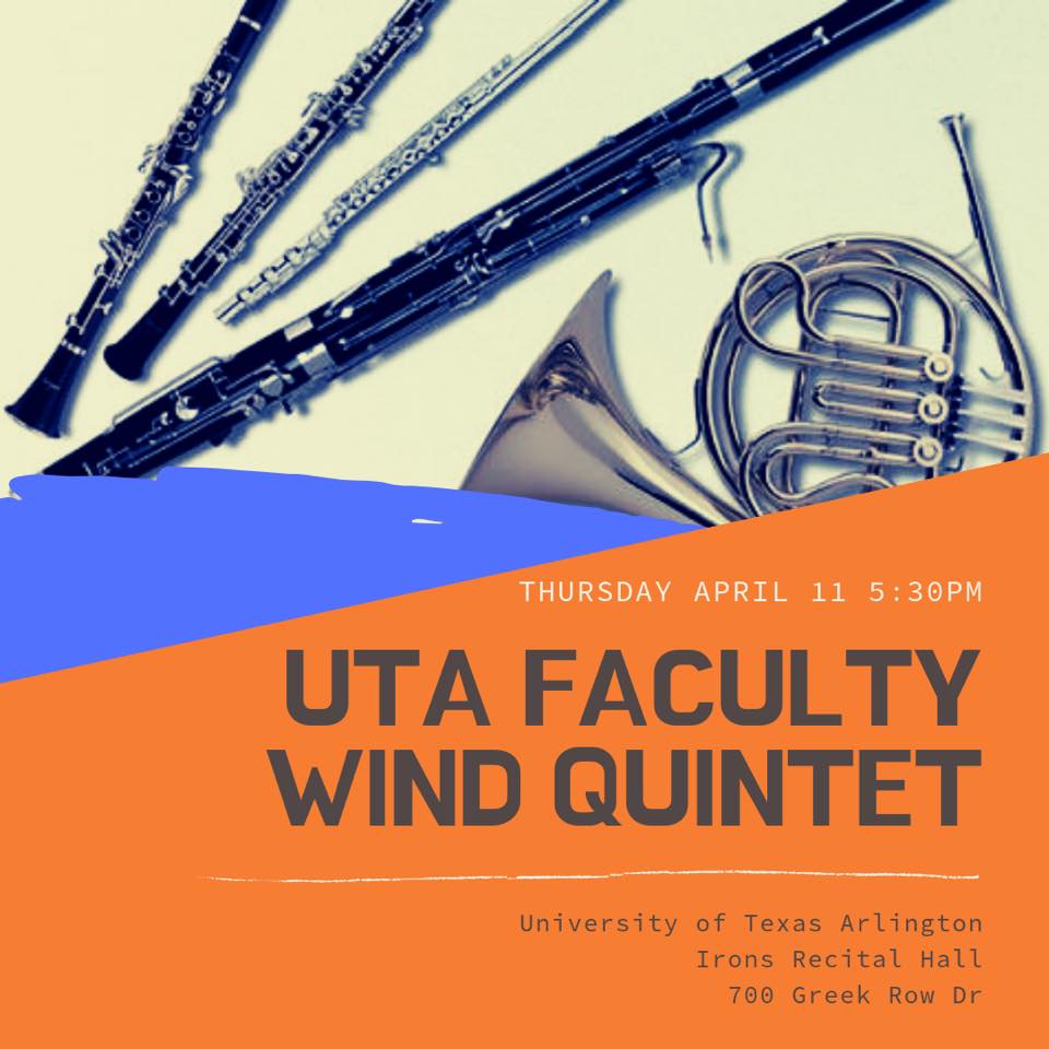 UTAMavsMusic's tweet photo. Join us for an exciting evening filled with music . UTA Faculty Wind Quintet on April 11 at 5:30 pm. Free Entry!! 
Location: Irons Recital Hall https://t.co/HsyRuPgNXy