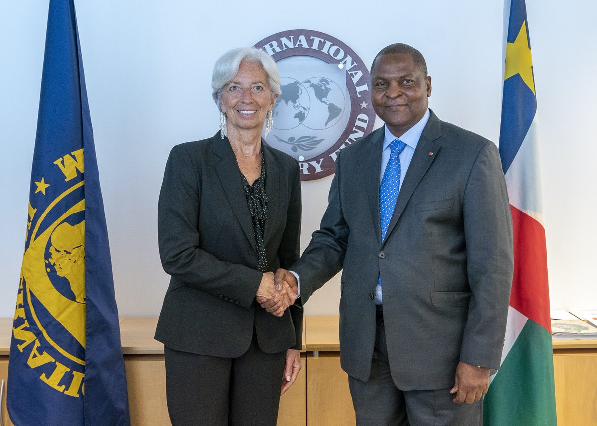 Lagarde's tweet photo. I had a productive meeting with Faustin Archange Touadéra, President of the Central African Republic. We discussed the challenges and opportunities faced by #CAR, and how the IMF could further support the authorities’ efforts to ensure sustained inclusive growth. https://t.co/UTm40P1D88