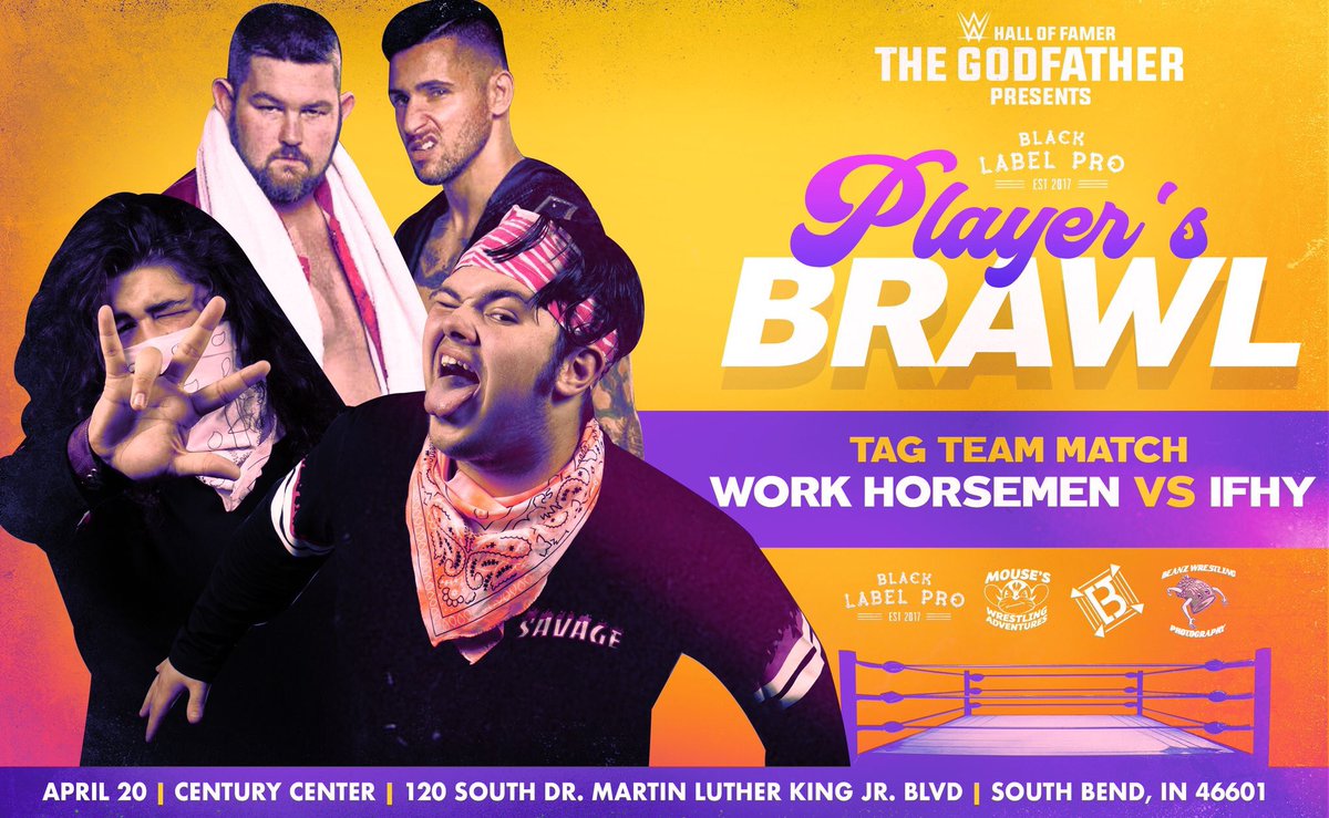 BLabelPro's tweet image. The Work Horsemen return to BLP on 4/20 to take on Indiana's own #IFHY!

@Antnyhenry/@RealJDDrake vs @YearOfTheMutt/@LilNYGhTQuIL in South Bend! 

Tickets: playersbrawl.bpt.me
