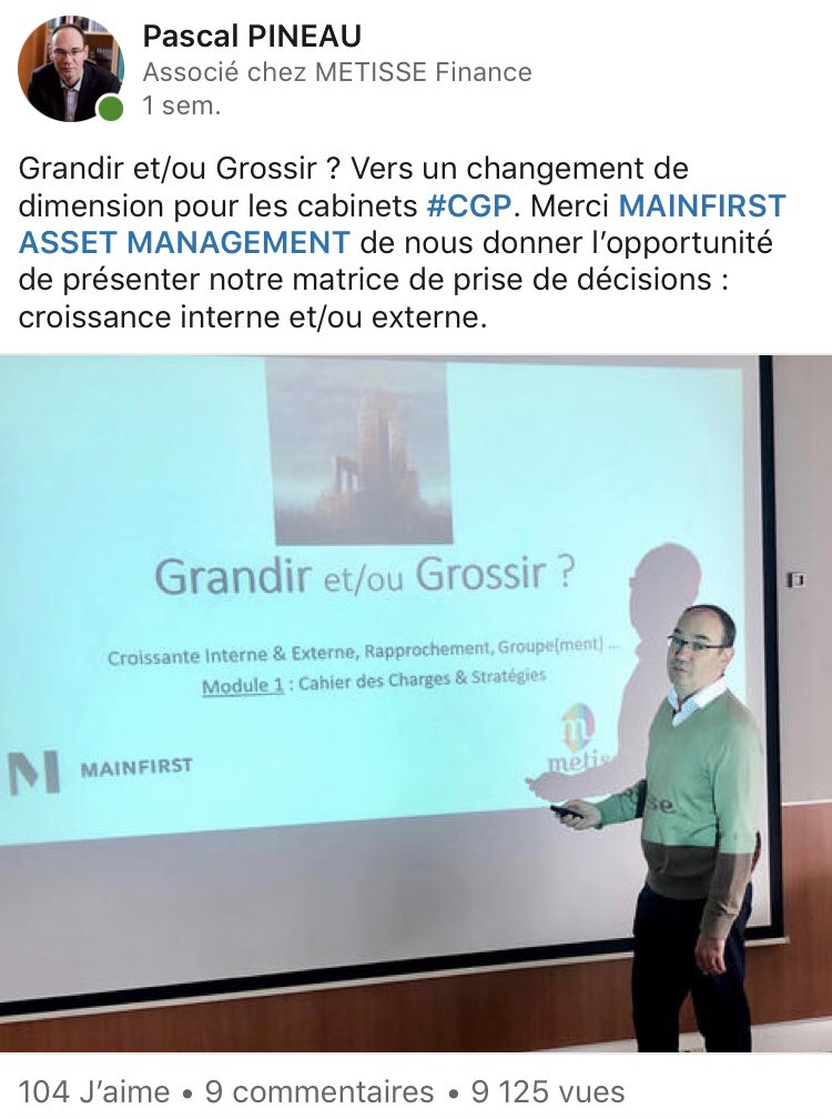 Merci pour les plus de 9.000 vues, Likes et Commentaires sur LinkedIn pour le lancement de notre tournée avec @MainFirst . La suite : le 25 avril à Strasbourg et le 2 juillet à Paris. On a tellement à partager pour « Grandir et/ou Grossir » dans nos entreprises #CGP