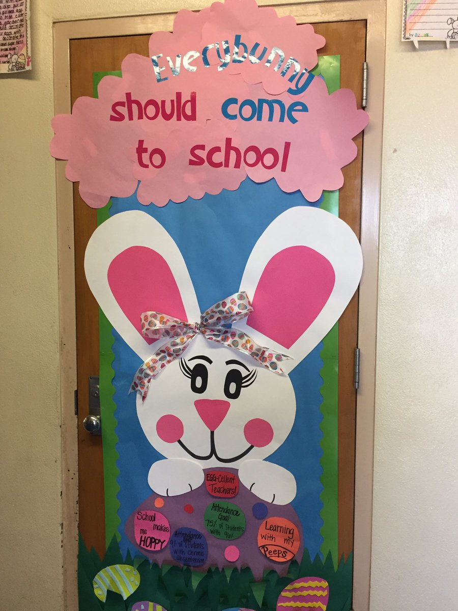 Attendance door decorating contest at Barrett Elementary. School has  improved attendance for 7 months in a row., image size:900x1200