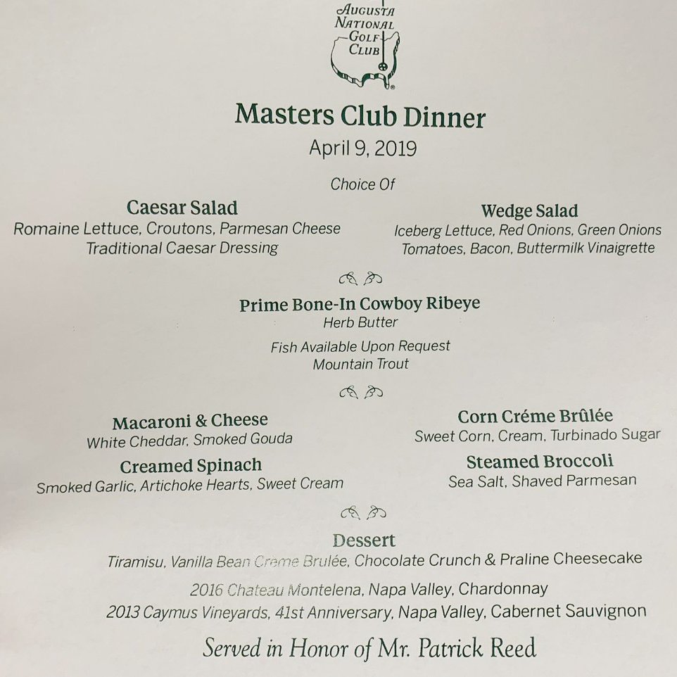 Patrick Reed’s Masters Meal