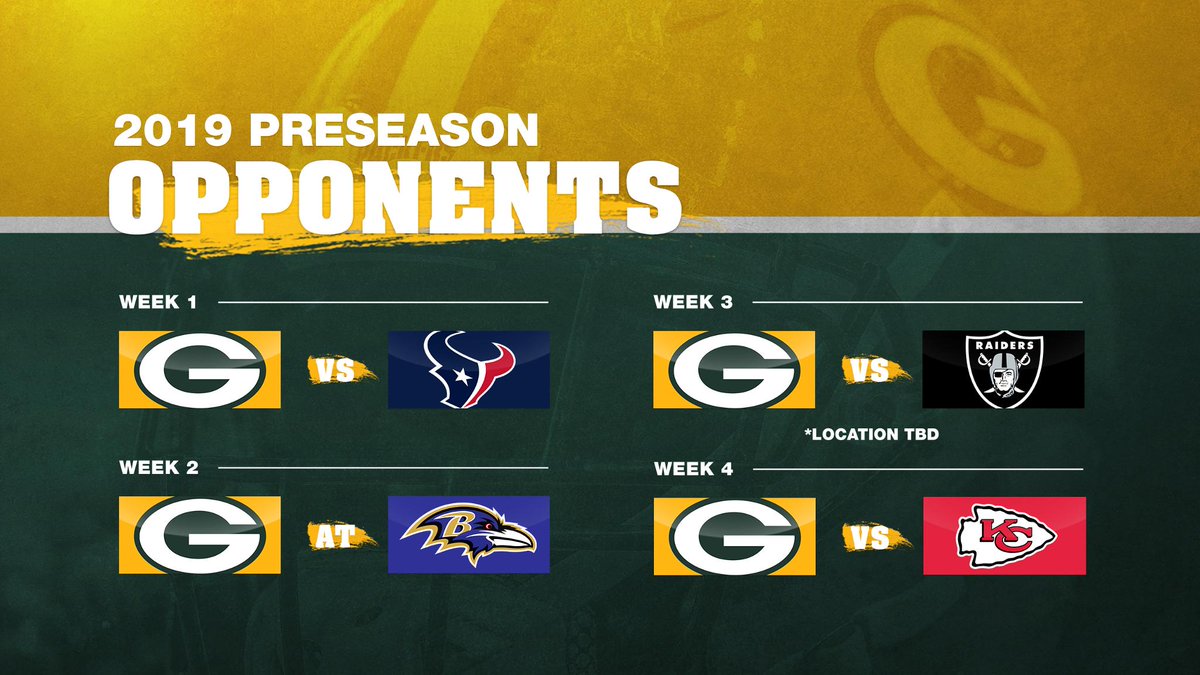 packers's tweet image. Our 2019 preseason opponents are set! 
📰: pckrs.com/ake9y 
#GoPackGo