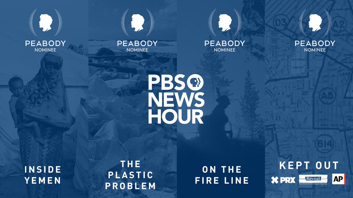 NewsHour's tweet photo. PBS NewsHour today received four #Peabody Award nominations for the 2018 series “On the Fire Line,” “The Plastic Problem,” and “Inside Yemen,” as well as for “Kept Out,” produced in partnership with @reveal, the @AP, and @prx. https://t.co/cdL82qIimD https://t.co/jHWFyFc0ch