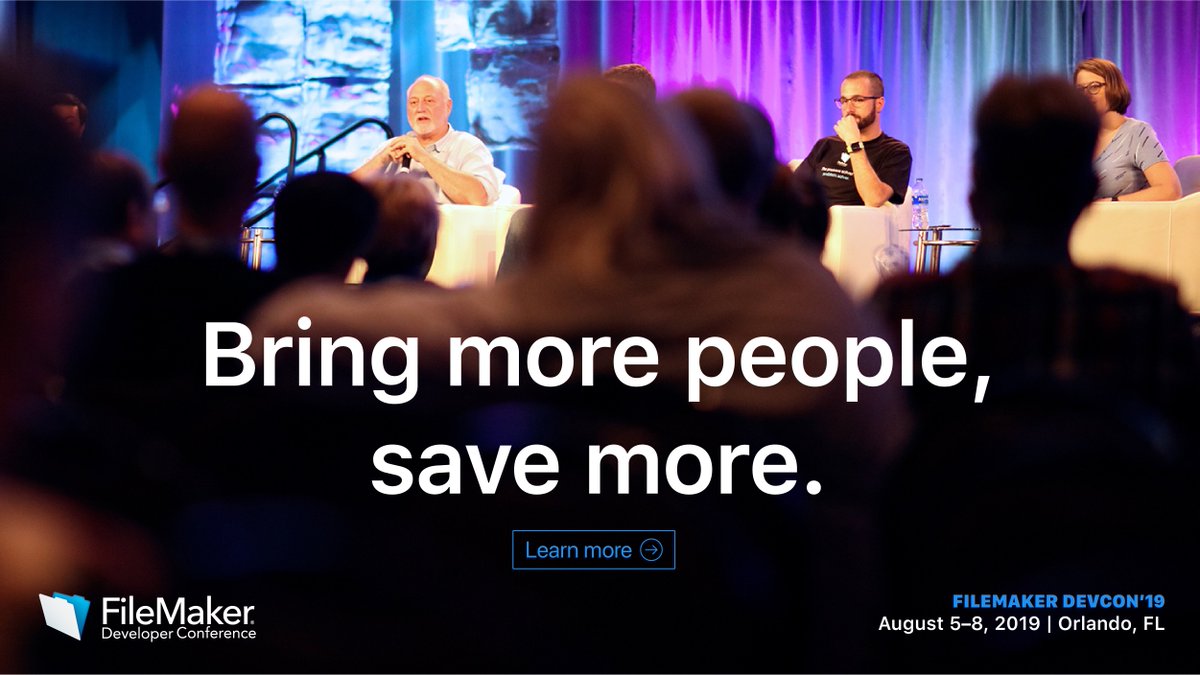 ClarisOfficial's tweet image. [SPECIAL OFFER] Save more while you help more of your team members learn to do more with the FileMaker Platform at #FileMakerDevCon2019! To register your group of three or more, contact your regional FileMaker representative or email devcon@filemaker.com. bddy.me/2U5JxdQ