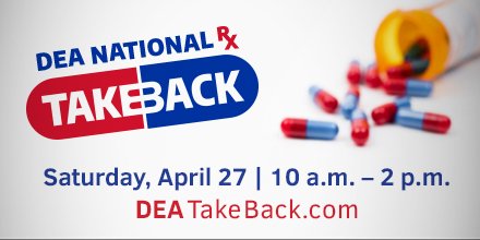AgingSC's tweet image. National Prescription Drug Take Back Day will take place on Saturday, April 27, 2019, from 10:00a to 2:00p.  Visit the link below to locate a collection site near you!  #drugtakeback #TakeBackDay 

apps.deadiversion.usdoj.gov/NTBI/ntbi-pub.…