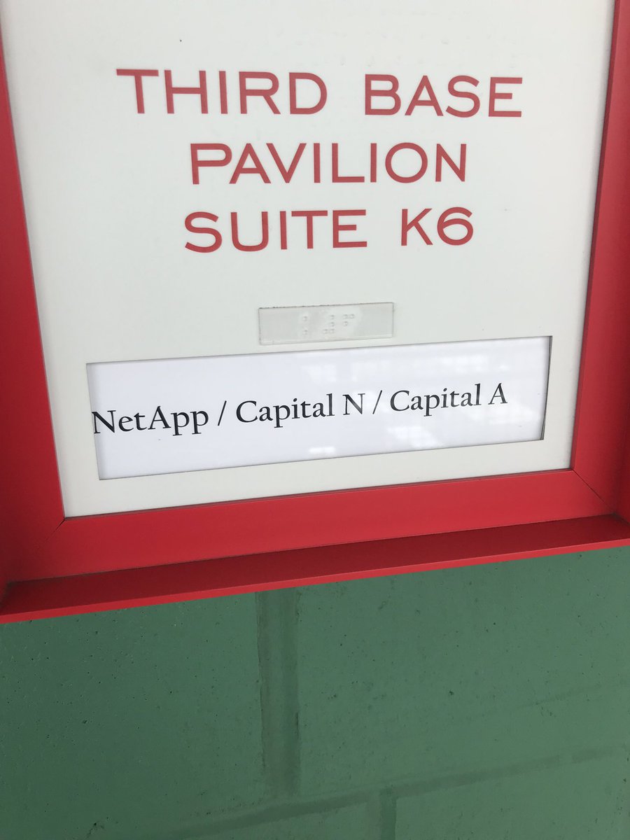 Ok this is too hilarious not to share. <a href="/NetApp/">NetApp</a> told the #RedSox to make sure to have a capital “N” and a capital “A” when you write “NetApp” on the suite...
