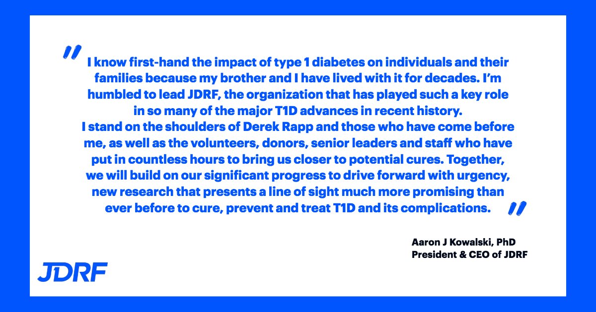 aaronjkowalski's tweet photo. Some (big!) personal news: I’m humbled to take on the role as President &amp; CEO of @JDRF, which has played such a key role in T1D advances. Together, we will build on our progress &amp; drive new research more promising than ever before to fight #T1D:  https://t.co/SStvIZtfiz https://t.co/yAhUl7DdBp