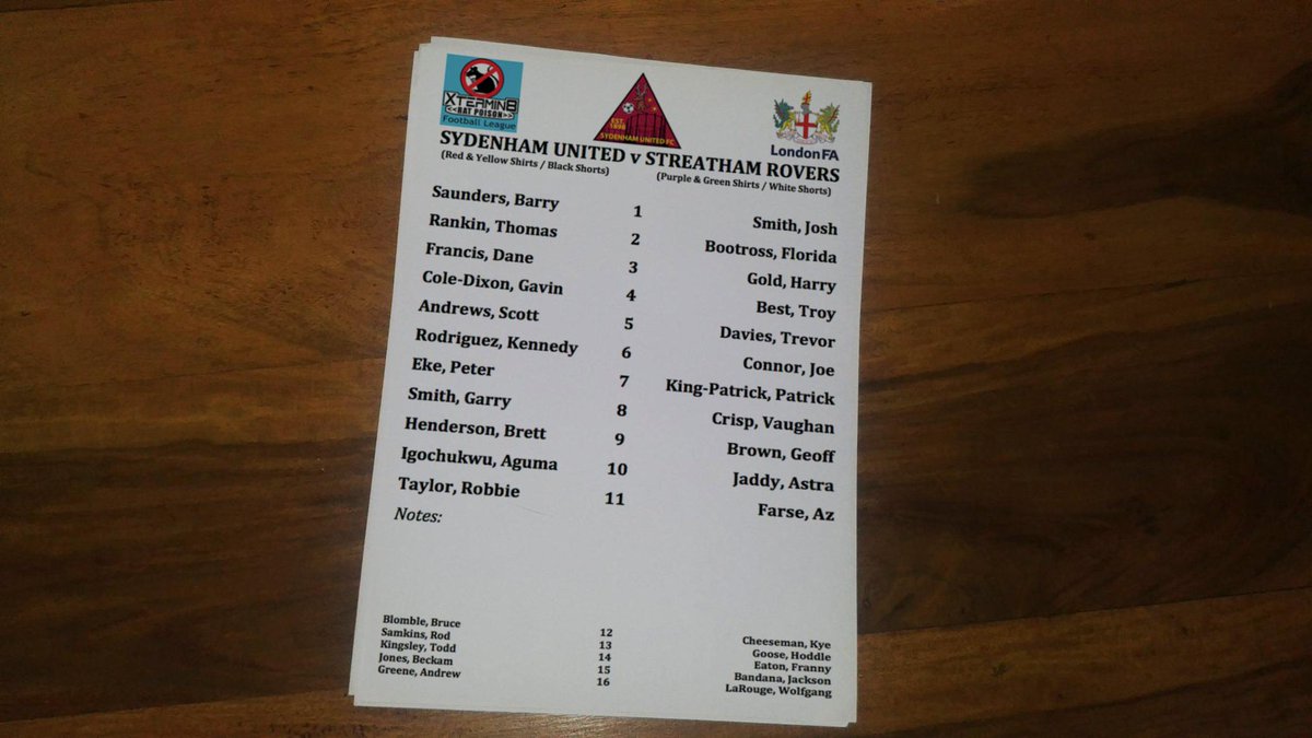 Here's the teamsheet for tonight's game and we are absolutely furious because Sydenham have fielded their players to spell out 'SRFC ARE SHIT'. We know this for a fact because Dane Francis, a striker, is wearing number 3. Hope the league committee throw the book at them for this.