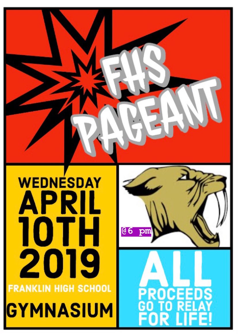 Franklin High Schools annual Pageant is Tomorrow!!!! Wednesday, April 10th at 6 pm🌸❤️ All proceeds will be donated to Relay for Life 💌 Join us for a fun night with a fully stocked bake sale 🍪🙊🍩 See you all there 😛