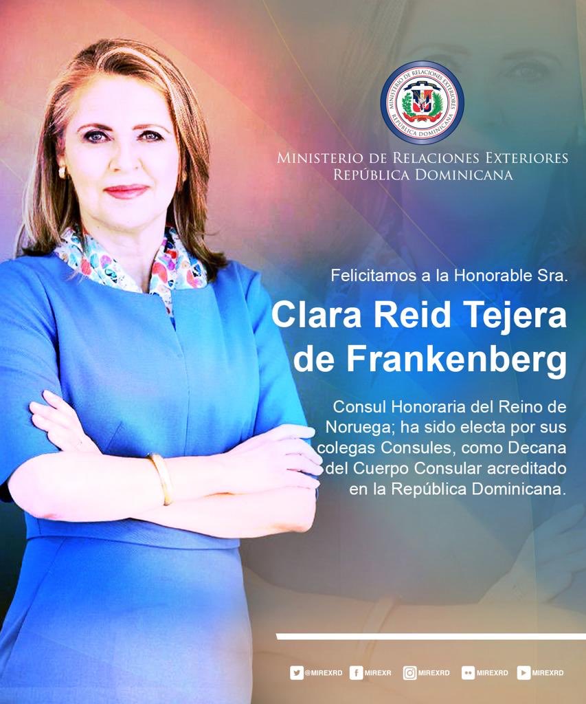MIREXRD's tweet photo. Felicitamos a la Honorable Sra. Clara Reid Tejera de Frankenberg, Cónsul Honoraria del Reino de #Noruega🇳🇴; por ser electa por sus colegas Cónsules como Decana del Cuerpo Consular acreditado en la #RepúblicaDominicana🇩🇴
#DiplomaciaDigitalRD https://t.co/t1n6Q167eS