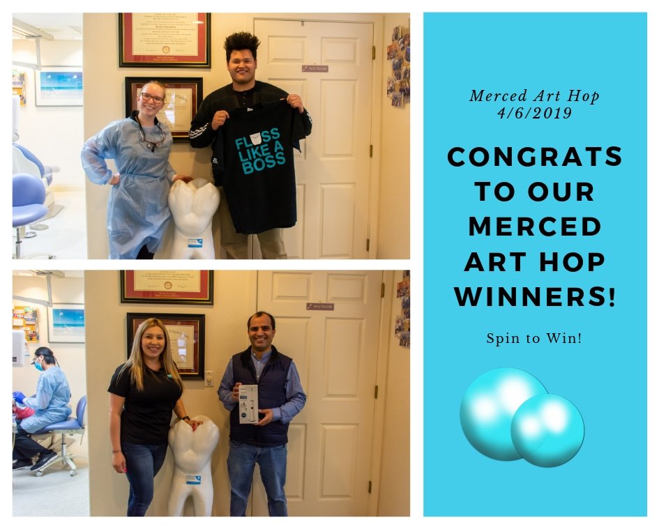 Congratulations to our two Merced Art Hop Winners on winning their prizes! Come visit our booth at the next Art Hop in July, and enjoy the beautiful art displayed downtown! #Flosslikeaboss #Pearlfamilydentistry #Mercedarthop #Spintowin