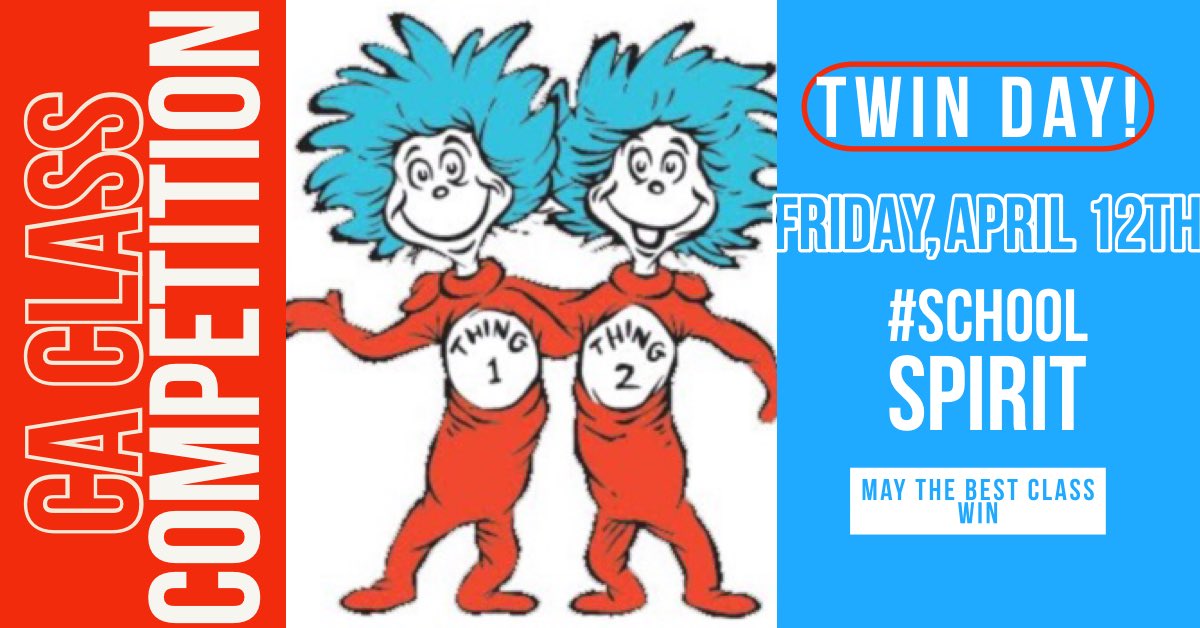 CA_SC_'s tweet photo. Let’s have some fun this Friday with a class competition!! Twin day will be in full affect 👯‍♂️👯‍♀️ show some school spirit and find a twin 💙👏🏽 #CASPIRIT https://t.co/4KWu48GHOO