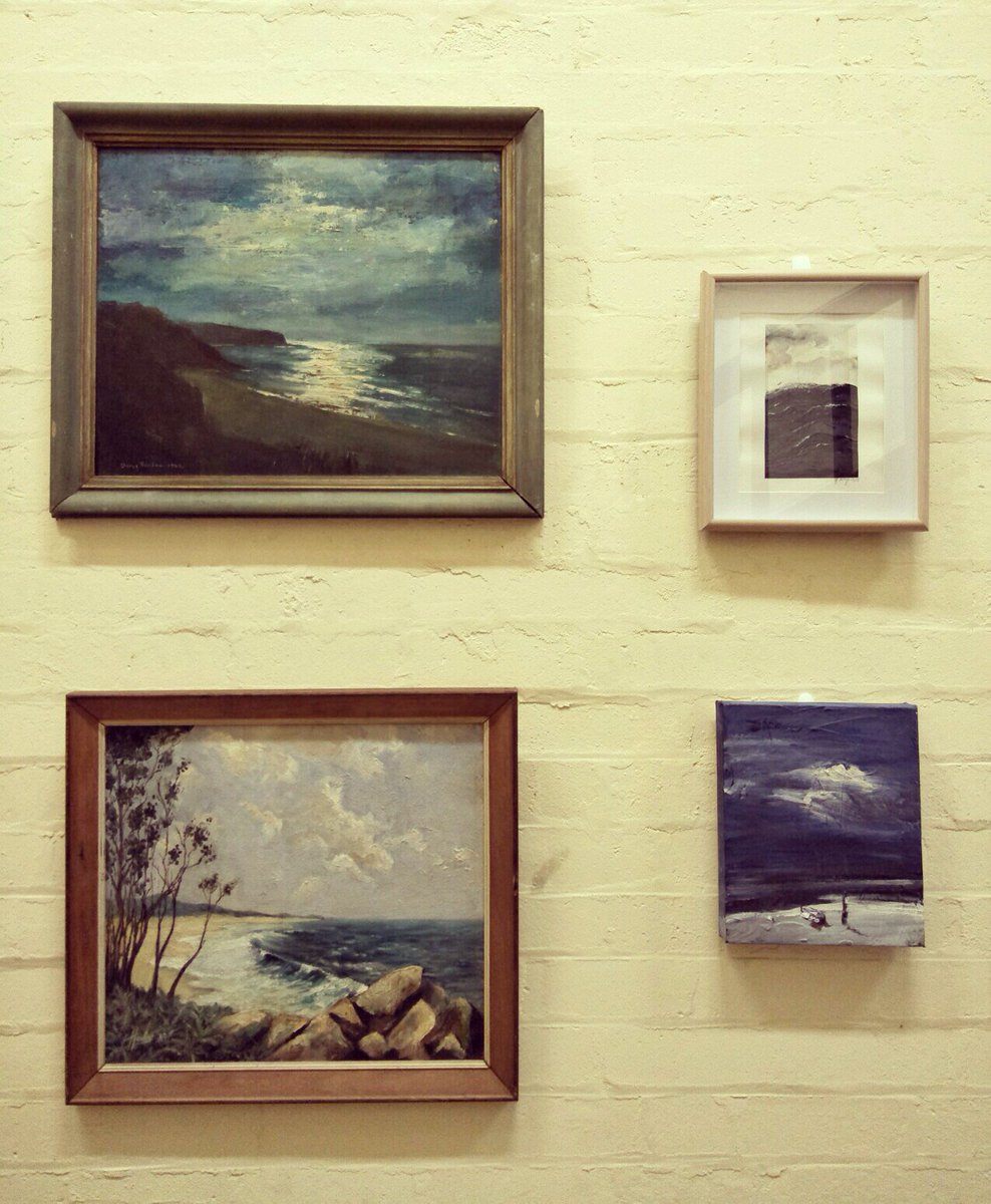 history2wheeler's tweet photo. The seascape section of #FoundSpace gallery @Sydney_Uni has been embellished by the little #AbandonedArt oil on the bottom right. It nicely complements the watercolour above by @GeorgiaMc06. I placed the hook but forgot to hang it, and was delighted to find that someone else did! https://t.co/97uGhzbbYX