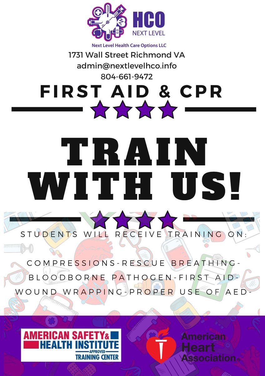 nextlevelhco's tweet photo. Schedule a #training with us today! #firstaidcourse #firstaid #firstaidtraining #firstaidcourse #firstaidtotheinjured #firstaidsaveslives #firstaiders #firstaidworkshop #CPR #CPRTraining #CPRCertified #CPRSavesLives #cprclasses #cprprogram #RVA #DMV #Tidewater #Hamptonroads #VCU https://t.co/udkMzJVlGb