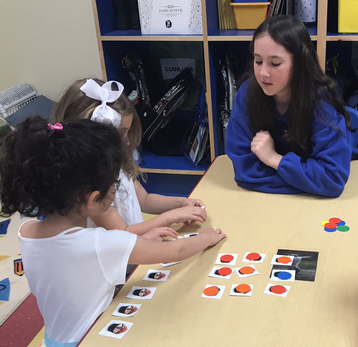 MsAprilsPreK's tweet photo. Our 6th grade buddies read Pete The Cat and The Missing Cupcakes to us. We modeled the story with our own cupcakes. Then, we worked in small groups to figure out how many of the 16 cupcakes were leftover after the 9 friends each ate 1. #trinitylearns #leadership #deepenlearning https://t.co/cmddCX7vvS