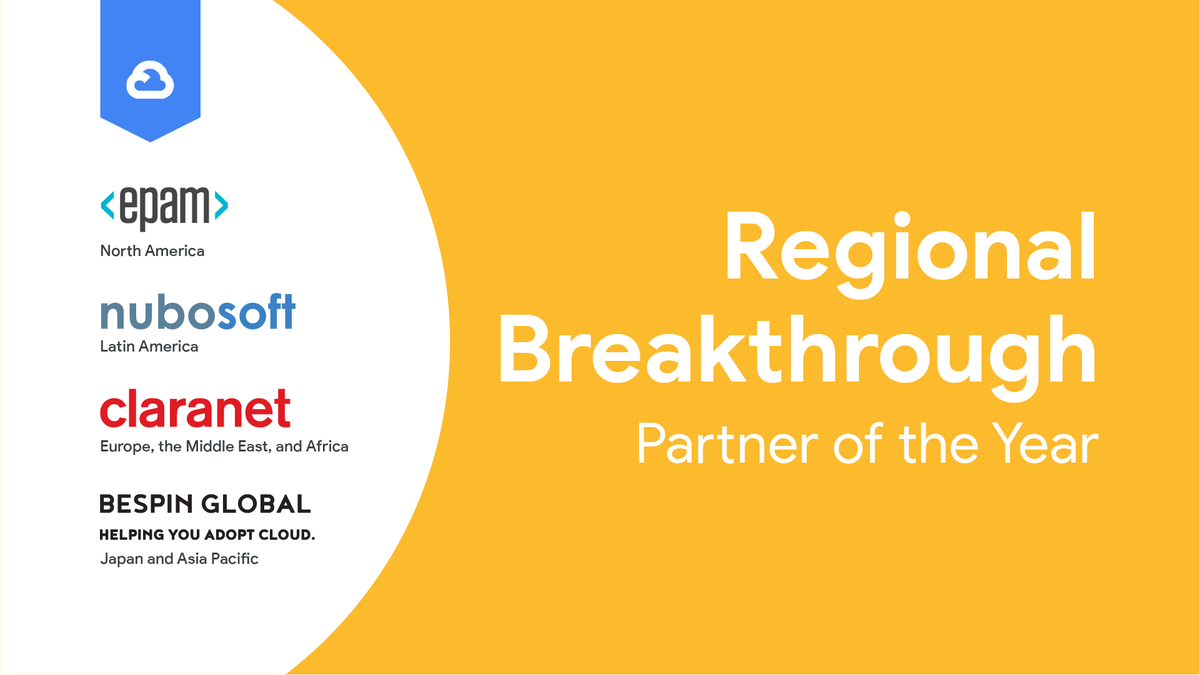 gcloudpartners's tweet photo. Breaking news on our Regional Breakthrough Partner of the Year winners. Congrats to @EPAMSystems, @Nubosoft, @Claranet, &amp; @Bespin 🙌 #GoogleNext19 → https://t.co/QryZ1Y9dIO https://t.co/EIdGilhjJO