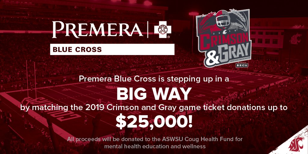 We're joining forces with <a href="/premera/">Premera Blue Cross</a> to support the <a href="/ASWSU/">ASWSU</a> Coug Health Fund for mental health education &amp; wellness. Premera Blue Cross will be matching all Spring Game ticket donations up to $25,000! 

Get your tickets TODAY: ev9.evenue.net/cgi-bin/ncomme…

#GoCougs | #ForMentalHealth