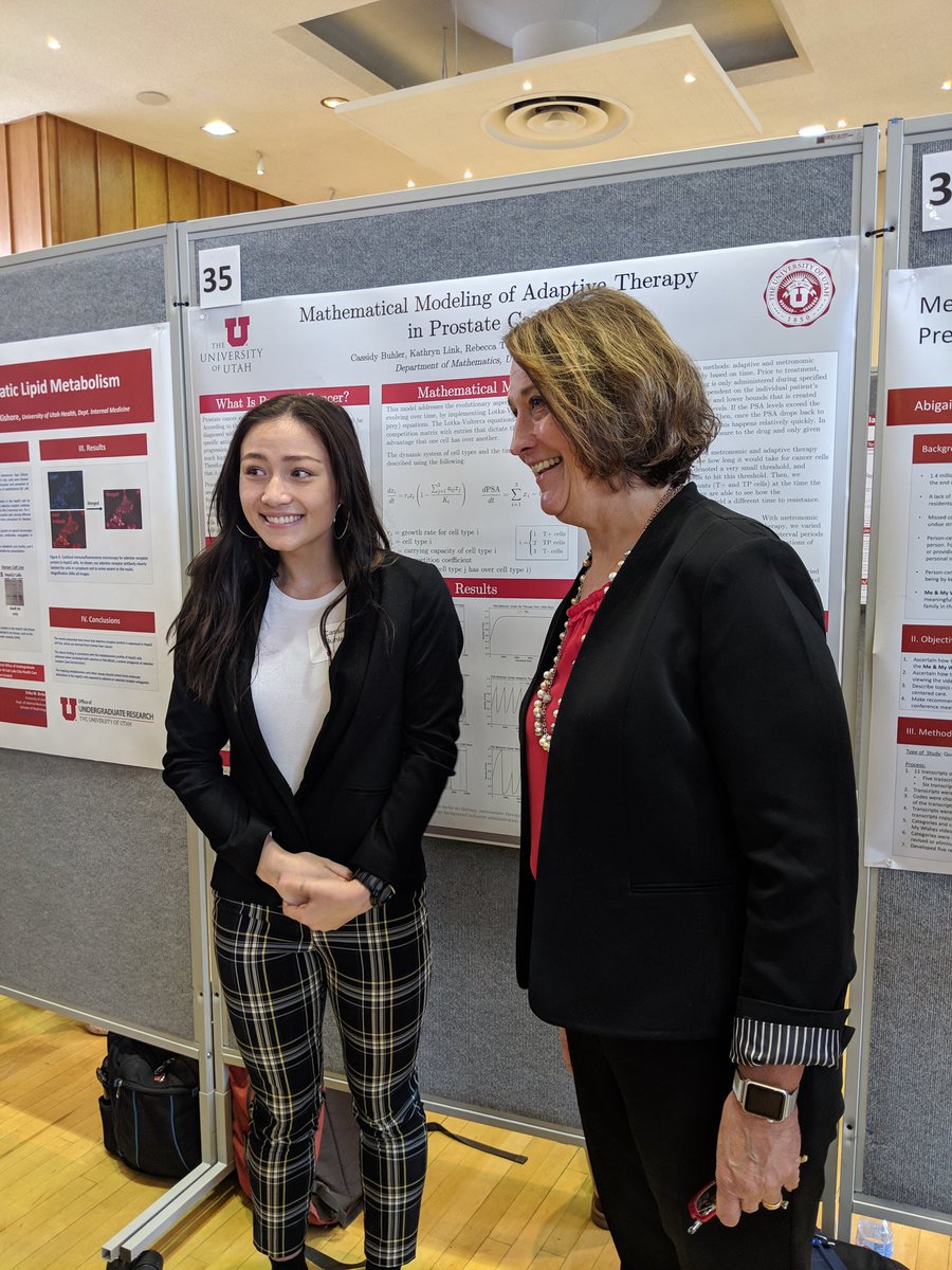 Hi President @RuthVWatkins! We were so excited when you stopped by the symposium! Pictured here with undergraduate researchers Sarah Allen and Adrian Sadler from @UofUCSBS and Cassidy Buhler from @uofumath @uofu_science. #urw2019 #urs19 #undergradresearch #uofu #universityofutah