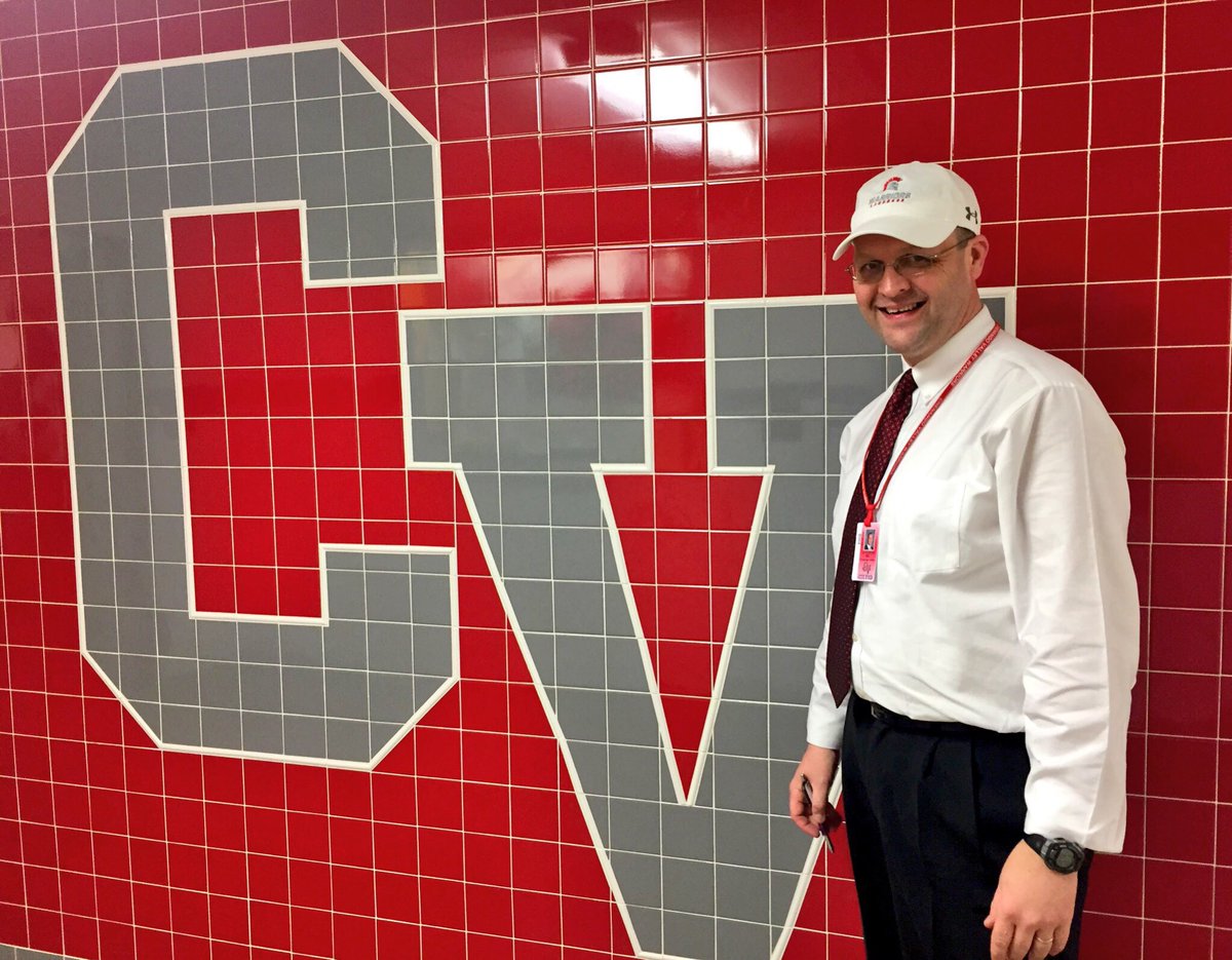 CVCSDWarriors's tweet photo. Principal Attleson sporting a #CVWarriorPride cap for #HatDay for Chenango Valley Middle School/High School’s Spirit Week! #CVSpiritWeek https://t.co/WEZ3E02I7B