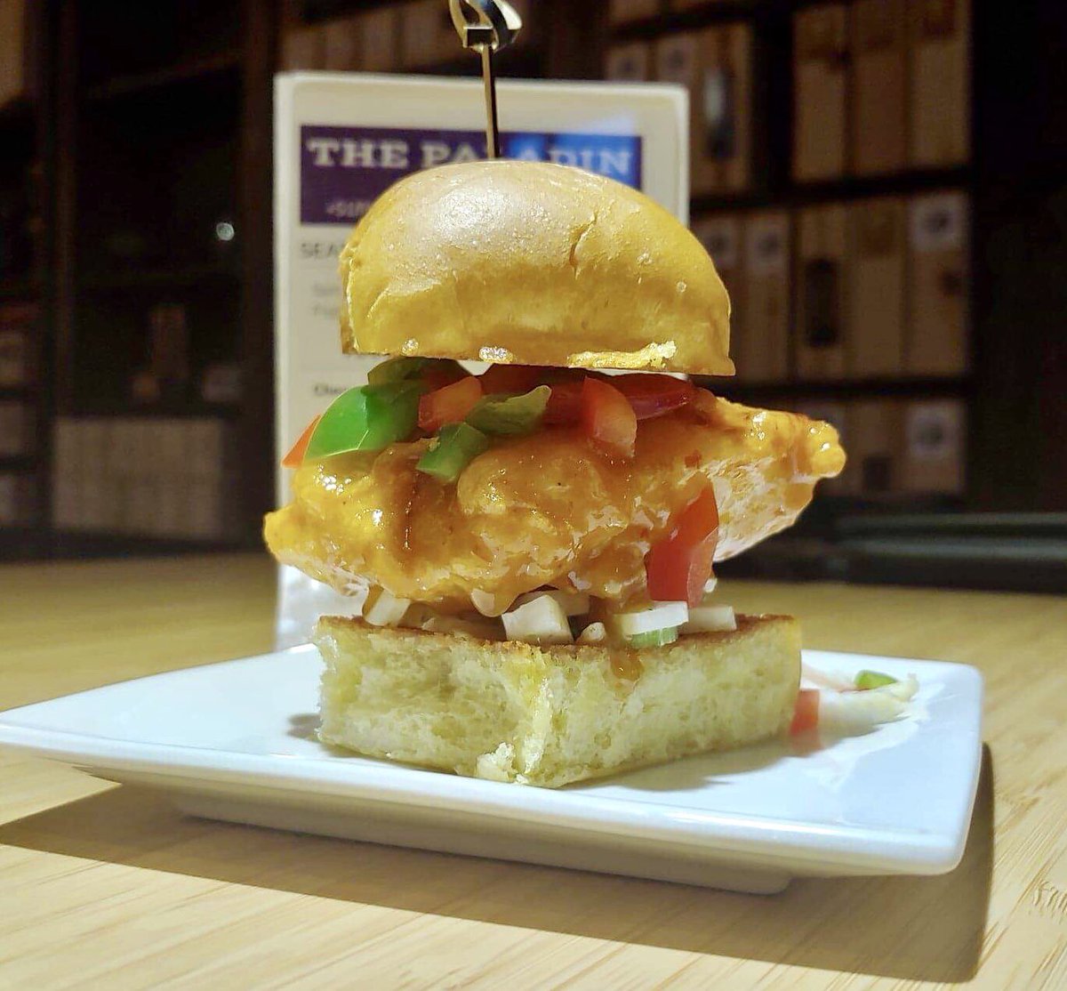 VigilanteBar's tweet photo. Available now at Vigilante
Alex’s Orange Chicken Slider: Tempura fried chicken thigh tossed in a spicy orange sauce. Topped with chopped bell peppers and fennel. https://t.co/YrDlO1YjXV