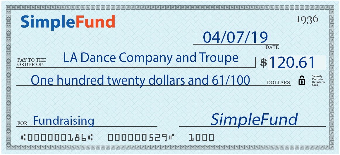 getsimplefund's tweet photo. Congrats to the LA Dance Company and Troupe on a great job fundraising using the SimpleFund mobile app. Check is on the way! #fundraising #lovetodance https://t.co/t3B7lmrozn