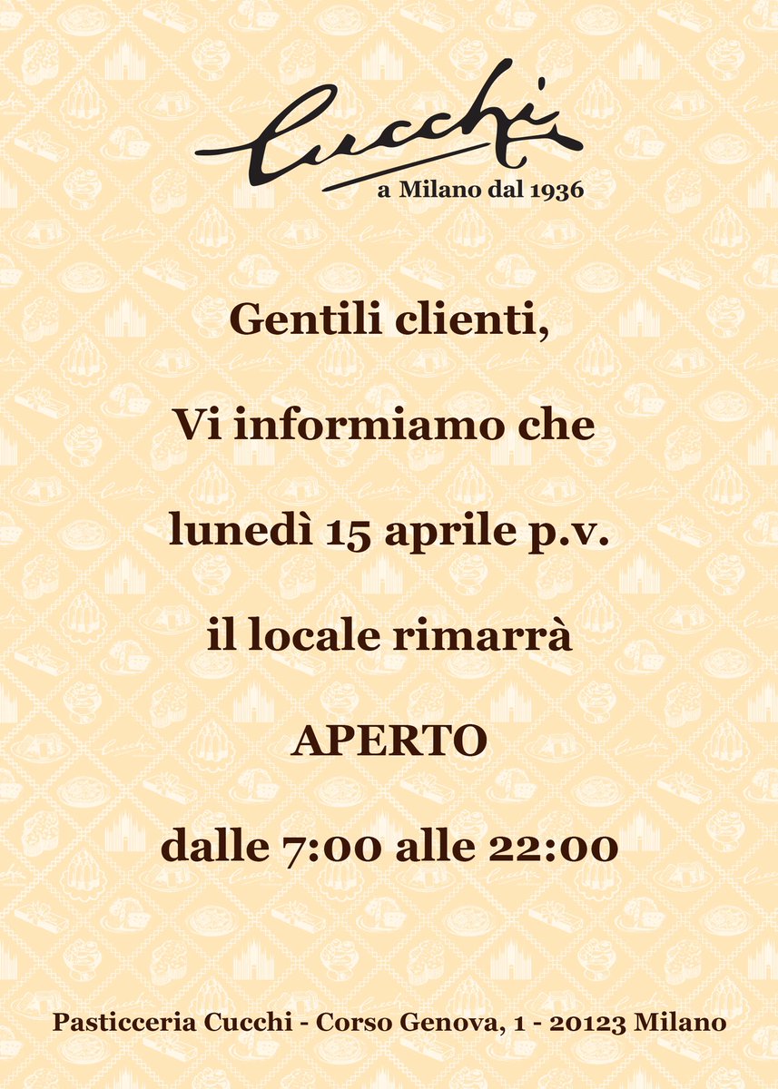 cucchi1936's tweet photo. Lunedì p.v. non Vi lasceremo soli!

#aperturastraordinaria #extraordinaryopening #lunedìdacucchi

Website: https://t.co/pWaEfEDLnZ

Follow us

Twitter: @cucchi1936
Facebook: Pasticceria Cucchi
Instagram: pasticceria_cucchi https://t.co/0BIeUGVjHY