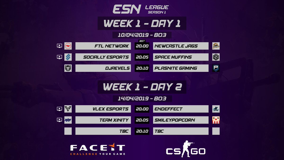 ESN_GG's tweet image. [#ESNL]

The Official Week 1 Schedule!

Day 1:
📅 - Wednesday 10th April
🕗 - 8pm BST
📺 - twitch.tv/esnetworkgg (1)
📺 - twitch.tv/esnetworktv (2)

Day 2:
📅 - Sunday 14th April
🕗 - 8pm BST
📺 -  (1)
📺 -  (2)

#ESN #CSGO