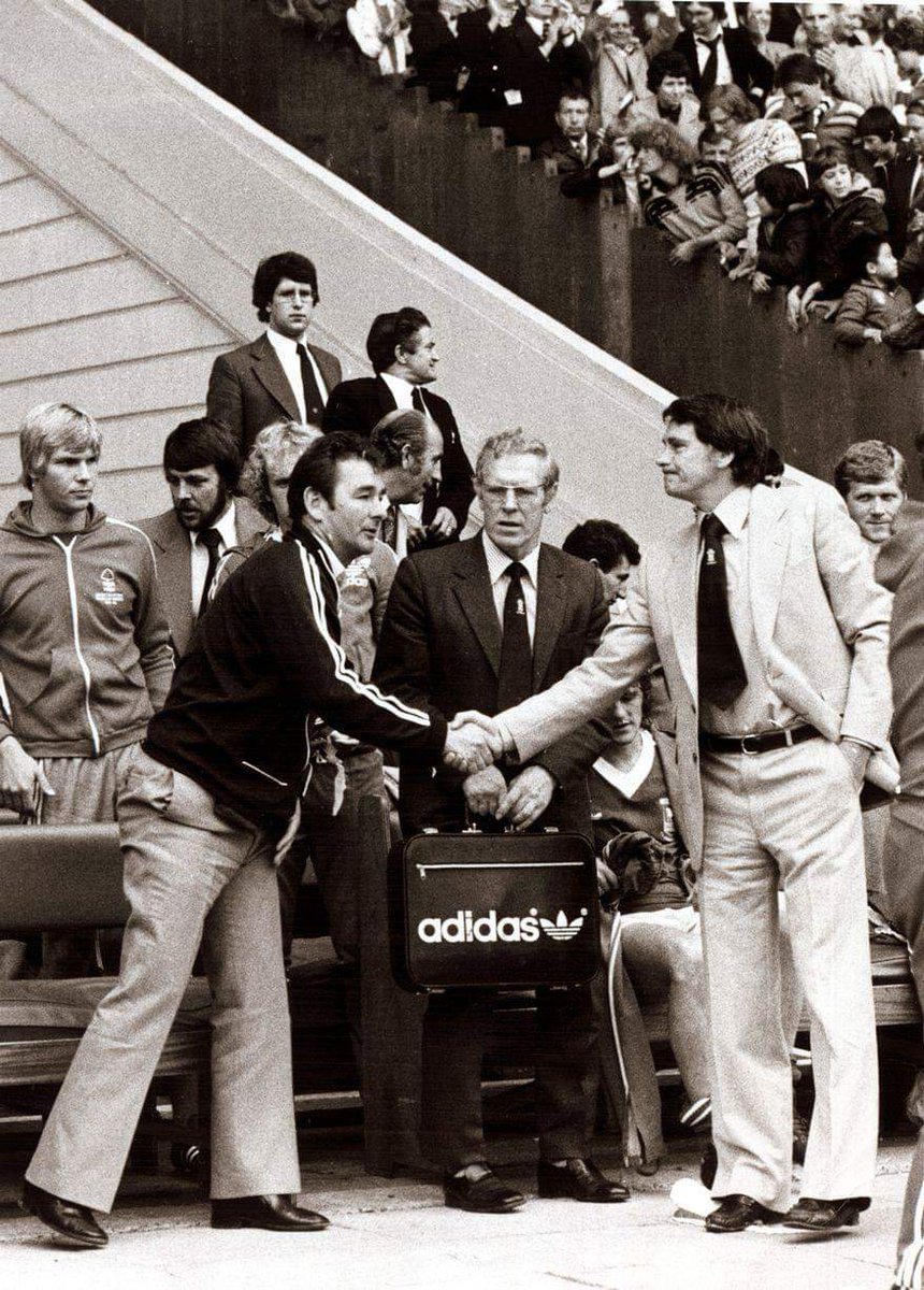 Brian greets Bobby Robson by the Wembley dugouts before the start of the 1978 Charity Shield match. Brian's Forest thrashed Bobby's Ipswich 5-0 to win the Shield. #NFFC