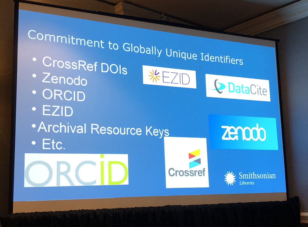 USconsortium's tweet image. Really cool to learn that Smithsonian Libraries @SILibraries is committed to using @ORCID_Org amongst other PIDs and open source software @duraspace #cni19s