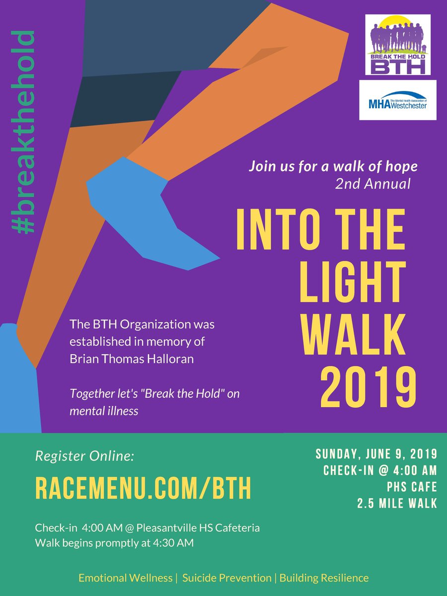 Our 2nd Annual 'Into the Light' walk is on Sun., June 9th at 4:30 AM. Help support youth emotional wellness, resilience & suicide prevention! Mental health affects us all! T-shirt guaranteed to 1st 500 registrants. Register online at racemenu.com/bth #breakthehold