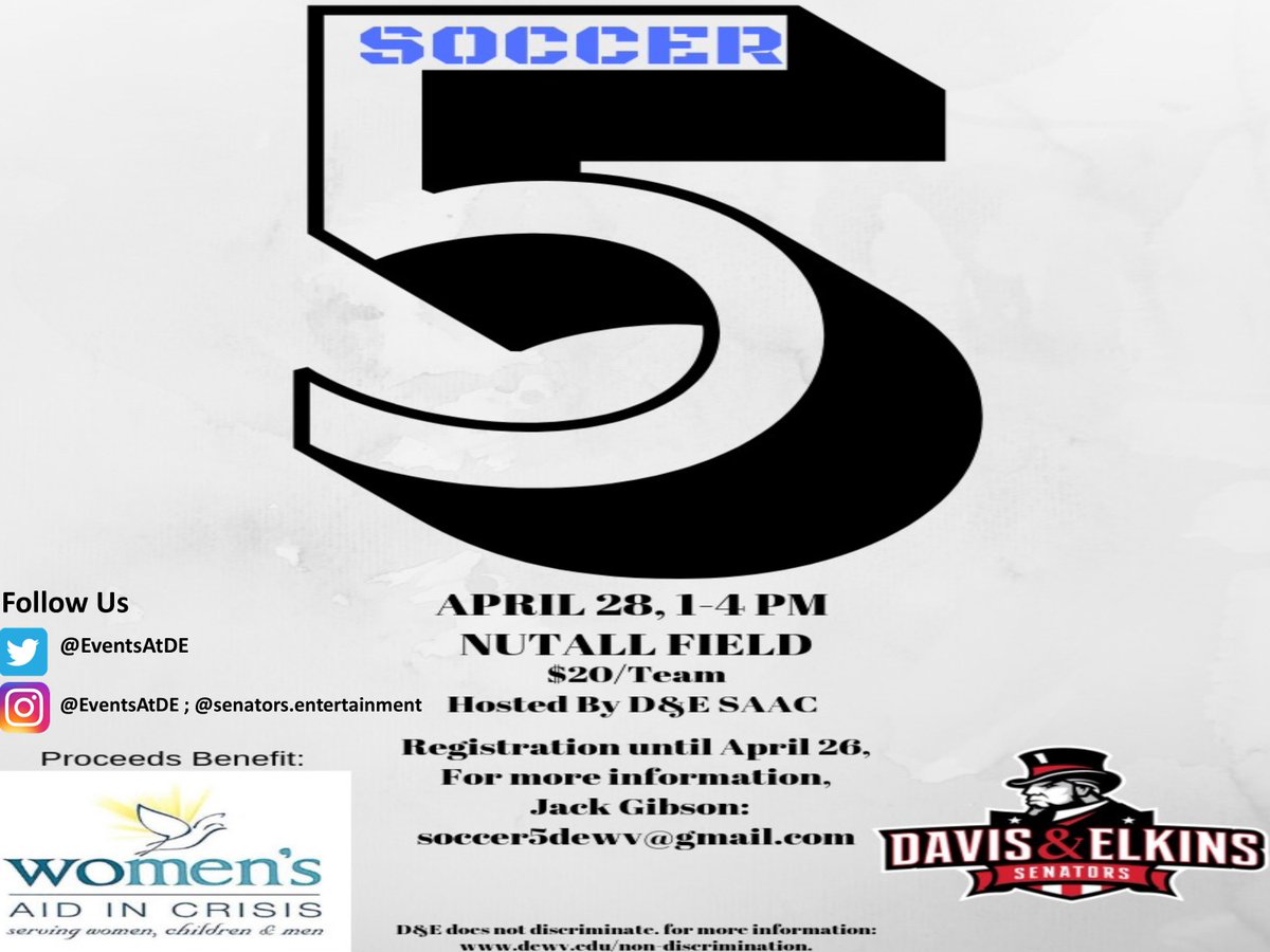 EventsAtDE's tweet photo. Gather a team to play a friendly game of soccer to help benefit Women's Aid in Crisis!
📆: April 28 
⏰: 1 P.M. - 4 P.M.
📍: Nuttall Field https://t.co/BBqeAOvPCM