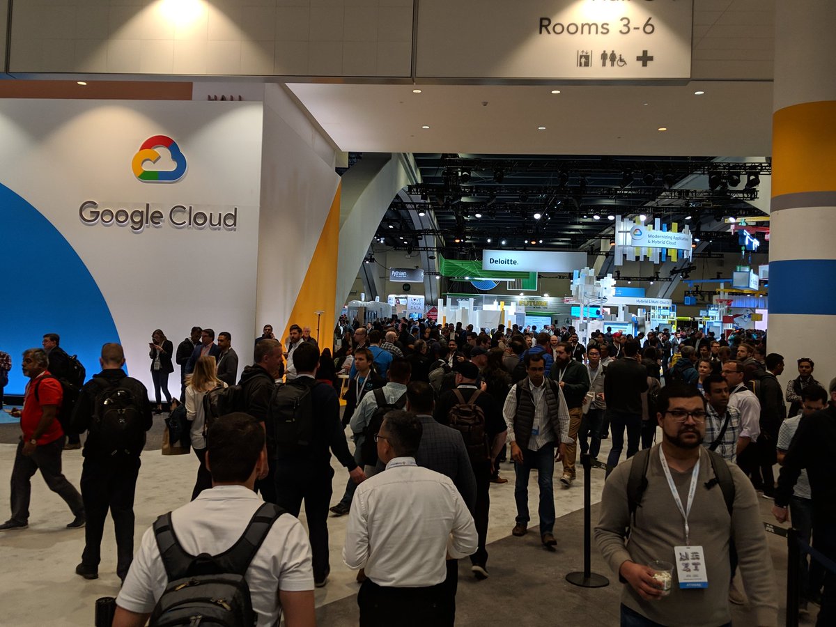 brost's tweet image. You may not be able to find Waldo but you can clearly see the @pythian booth. #GoogleNext19 #LoveYourData