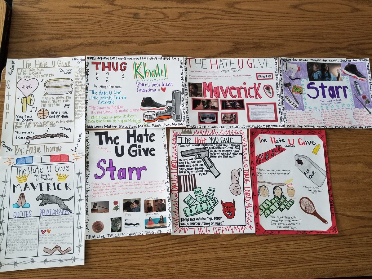 2nd block's character one-pagers for THUG! So proud of their work. Borders about theme, quotes to show their voice, images to represent their character and relationships with other characters. So thankful for a school that allows us to break the mold for reading! #sjhstrojans