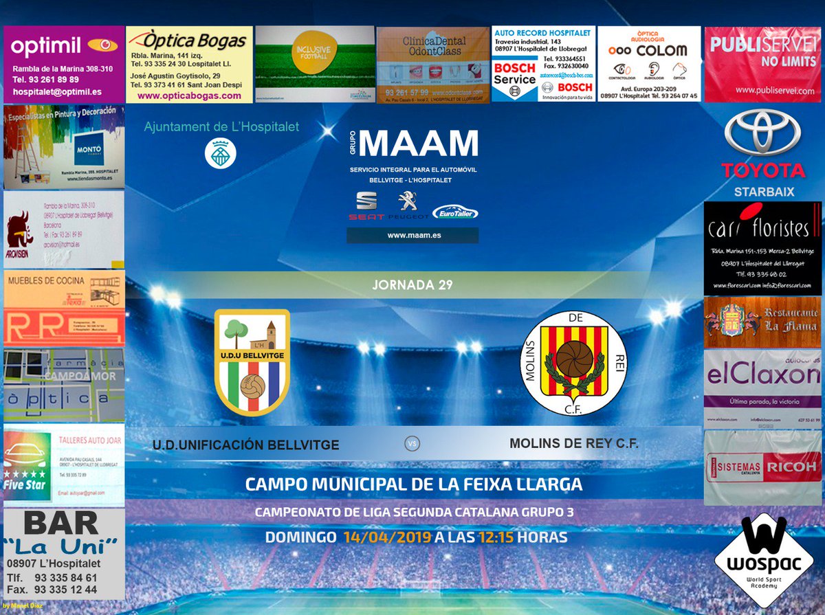 UniBellvitge's tweet photo. 🏆Jornada 29;
👉 AMATEUR "A"
Gr. 3 #2Inf24
🏡 U.D.UNIFICACIÓN BELLVITGE (@UniBellvitge) 🆚 (@molinscf) MOLINS DE REI, C.F."A"
en el 🏟️ MPAL.FEIXA LLARGA
🗓 Domingo 14/4/2019 ⏰ 12:15 h.
@AutoMAAM #Lhospitalet https://t.co/s1GGtXHpkl