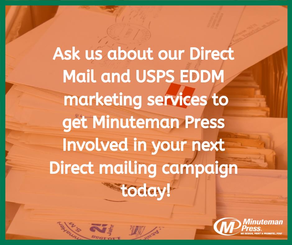 MinutemanVT's tweet image. Direct mail is a very effective way of reaching your customers! A properly run direct mail campaign, with a strong call to action, has always been a great form of advertising. Give Minuteman Press a call to find out about our sorting capabilities and discounted postage rates!