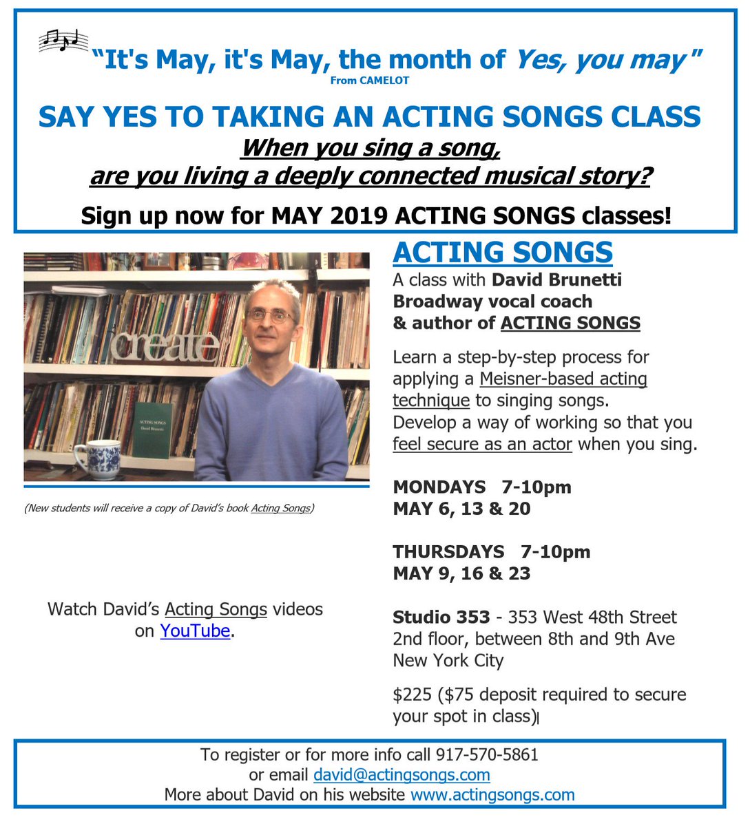 May #actingsongs classes. Enroll now. And a few single class spaces available in April's classes. It's Spring! Sing!