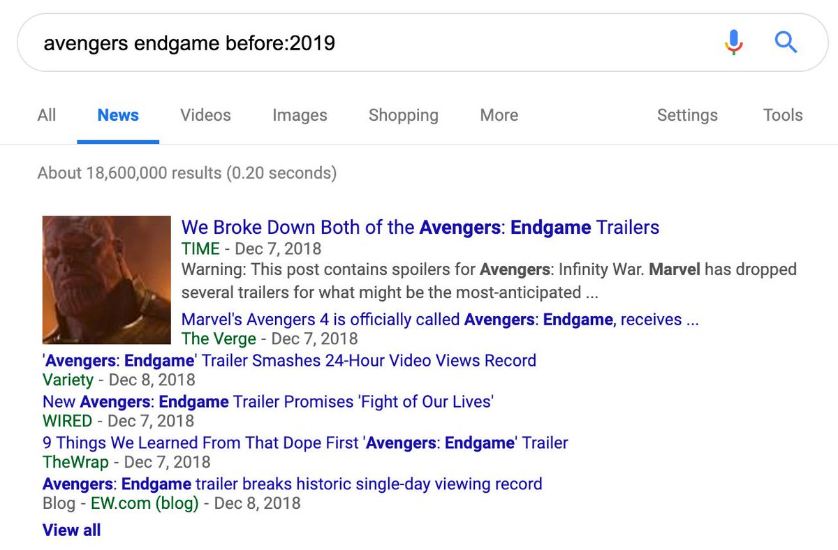 The before: & after: commands return documents before & after a date. You must provide year-month-day dates or only a year. You can combine both. For example:[avengers endgame before:2019][avengers endgame after:2019-04-01][avengers endgame after:2019-03-01 before:2019-03-05]