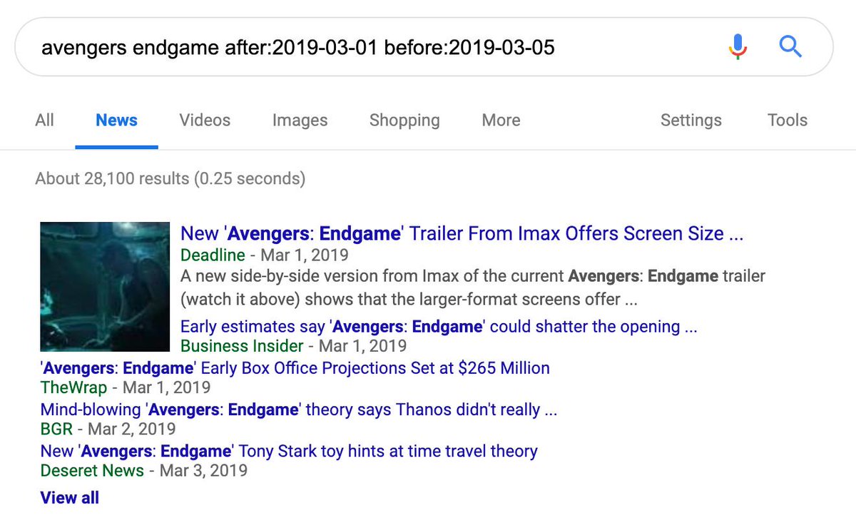 The before: & after: commands return documents before & after a date. You must provide year-month-day dates or only a year. You can combine both. For example:[avengers endgame before:2019][avengers endgame after:2019-04-01][avengers endgame after:2019-03-01 before:2019-03-05]