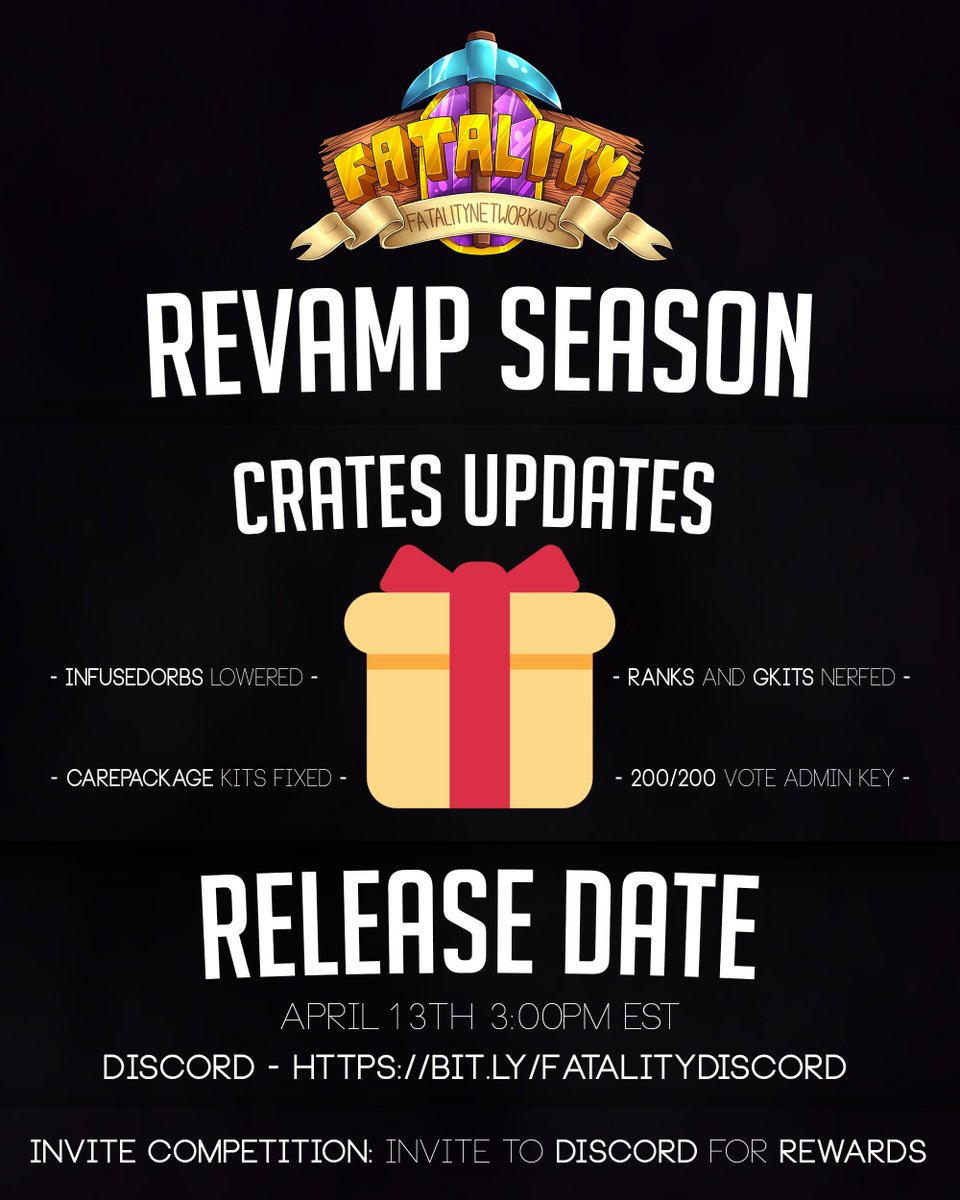 FatalityService's tweet photo. SkyBlock REVAMP 🔄

Server Updates:
👉 Ranks &amp; GKits Nerfed 🛡️
👉 CP Kit Vouchers 🎁
👉 200/200 Votes Admin Key All 🗝️

Release April 13th 3:00PM EST

Join our Discord/Server:
👉 https://t.co/u4LvkkqFdu (Invite for Rewards)
👉 https://t.co/qwU73ddCjC (Add to your Server List) https://t.co/fmbX9s37qH