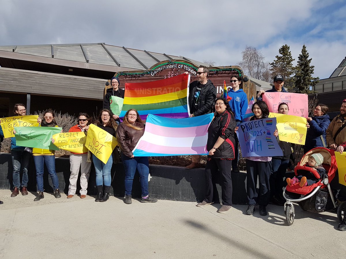 The Gender and Sexuality Alliances from Porter Creek and F.H. Collins High Schools in #Whitehorse have converged on the Legislative Assembly. They are presenting an over 400 signature petition to ban Conversion Therapy in #Yukon.