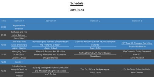 DotNetSouth's tweet image. Check out the full Schedule for DotNetSouth.Tech See details of all the @msdev talks on
@Azure 
@dotnet
@code
@aspnet
#CSharp
#DOTNETCore
#AzureEventGrid
#AzureSQL
#entityFramework
#GraphQL

ATLANTA MAY 2019
.NET CLOUD. CODE.