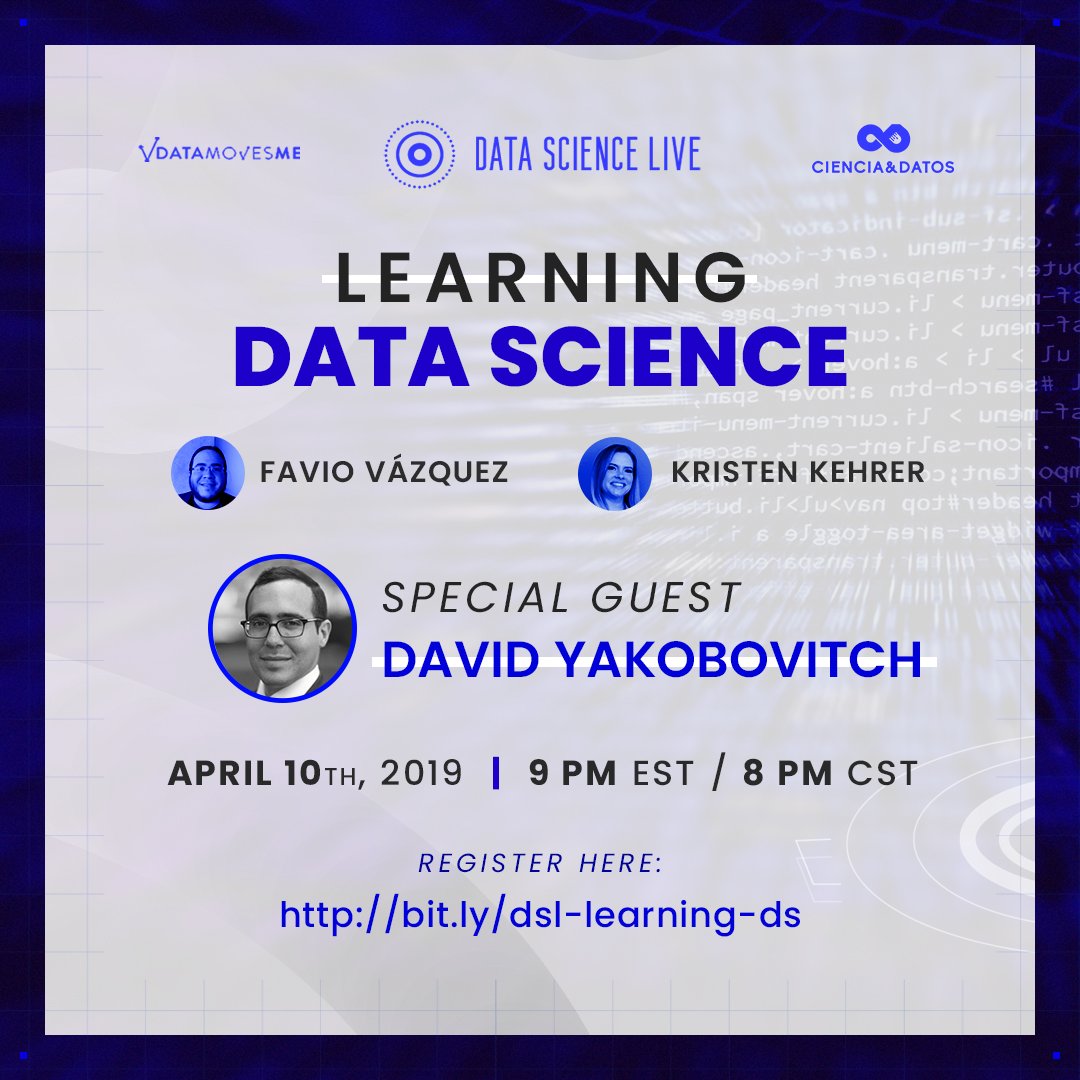 CienciayDatos_'s tweet photo. Descubre más sobre el aprendizaje y estudio de la #CienciaDeDatos junto a David Yakobovitch, nuestro invitado especial en #DataScienceLive. La cita es este miércoles 10 de abril a las 9 pm EST. Regístrate aquí: https://t.co/4OgMki6vZW
#DSL #DataScience #CienciaYDatos #Technology https://t.co/npHpXz4Qdf