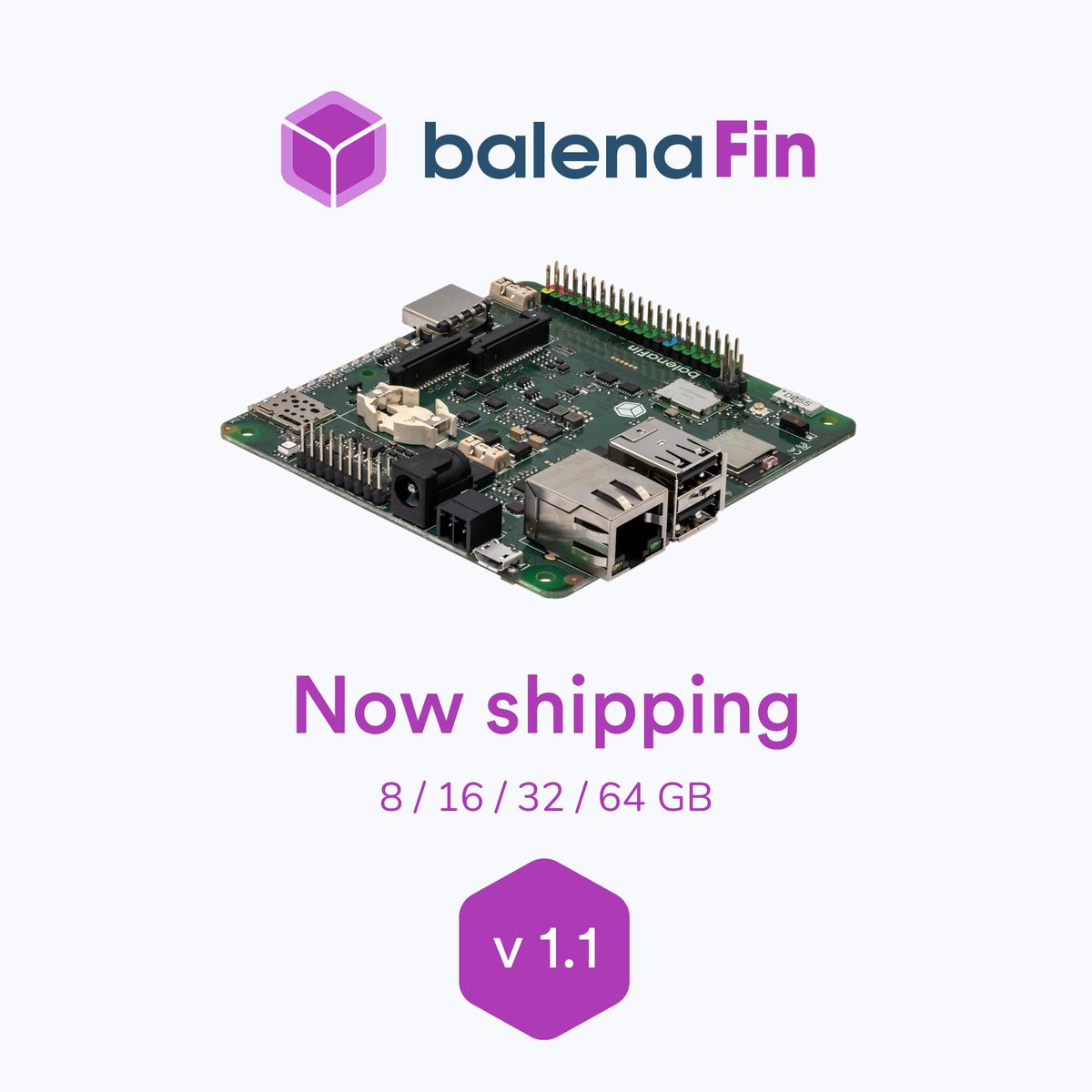 Great news! balenaFin v1.1 is now shipping at scale in all variants (8/16/32/64GB) from our store. Find out more and buy online at store.balena.io/collections/fr…