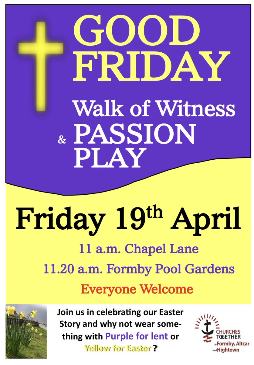 FormbyBubble's tweet photo. The Good Friday #WalkofWitness and passion play in #Formby Village and #FormbyPool Gardens is on 19th April at 11am. This year they are having a colour theme and asking people to dress either in Purple for Lent or Yellow for Easter.
Please get involved -
Everyone welcome! https://t.co/5Xon3Vgxn8