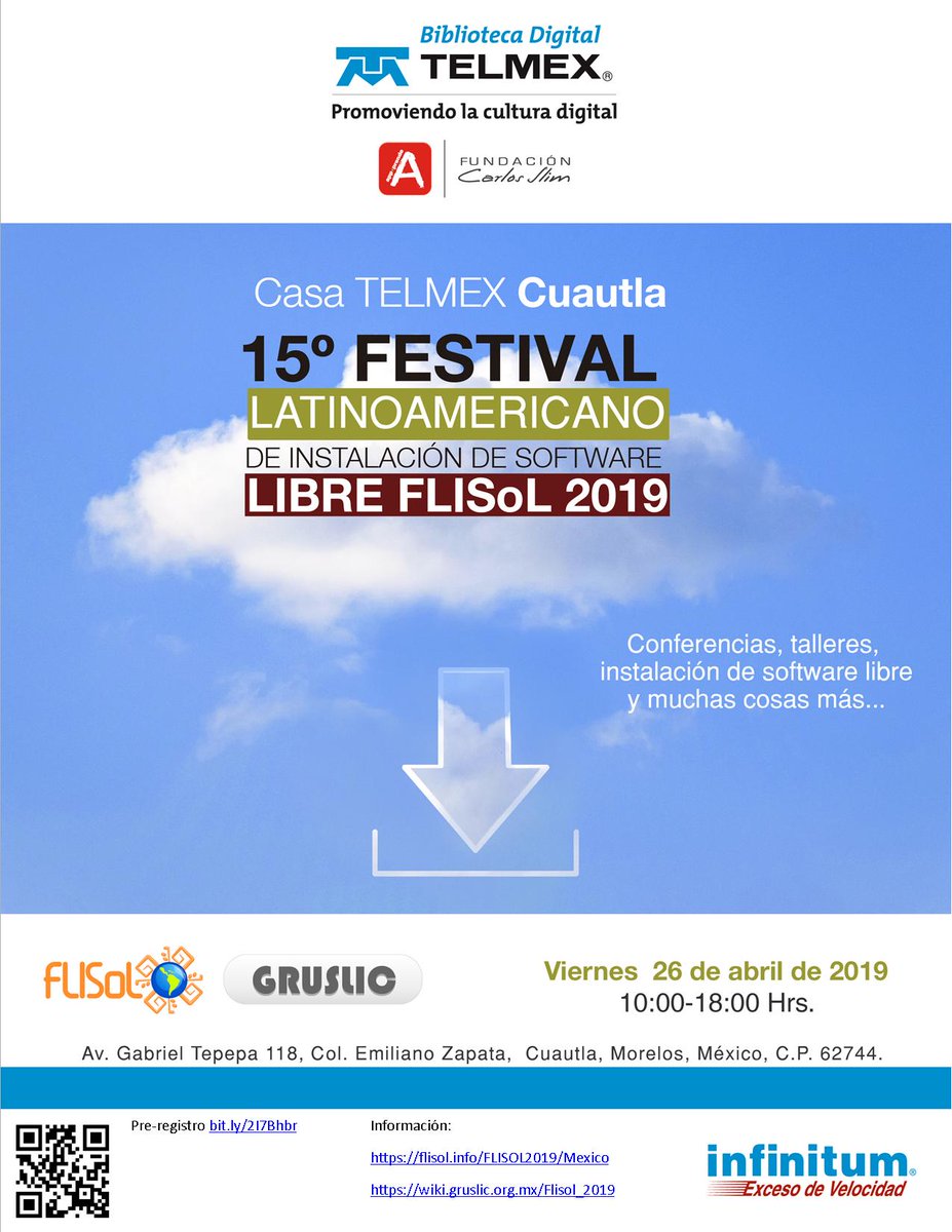 te esperamos el próximo 26 de Abril al #flisol2019 en Casa Telmex Cuautla, evento totalmente #gratuito, además puedes participar con alguna charla, taller o apoyando como staff, para más información wiki.gruslic.org.mx/Flisol #Morelos #SoftwareLibre