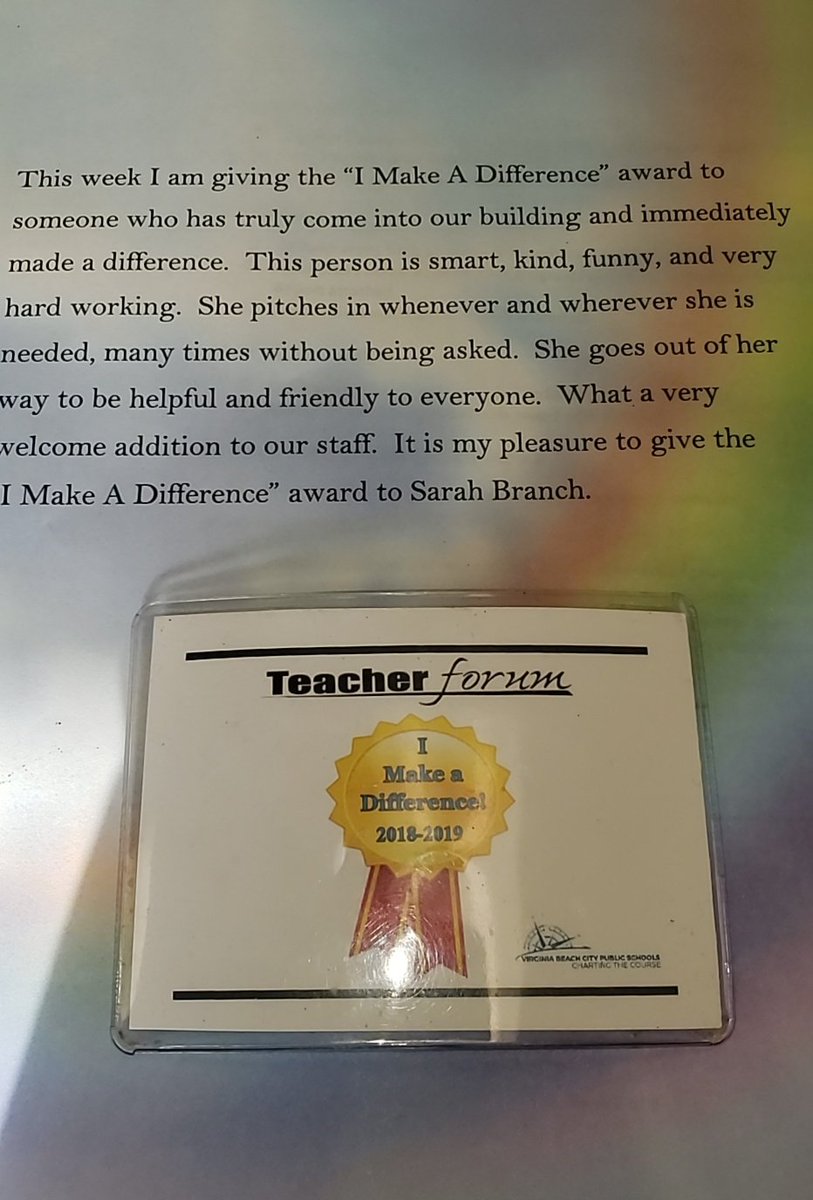 I received a nice surprise and recognition at work this week! #IMakeADifference #ThaliaEagles #vbcps #wearevbschools