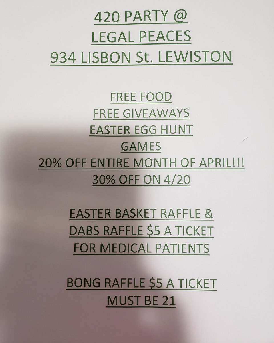 LegalPeaces420's tweet photo. 420 party & 5th year anniversary party @ legal peaces 934 Lisbon st Lewiston Maine!!!!#420life #420party #weedgirls #weed #raffle #420raffle #party #easter #joint #stoner #207stoners #bowls #wraps #free #freefood #freejoint #freeweed #doorprize #games #backyardbbq #bbq #sales https://t.co/rqIDzd3QZk